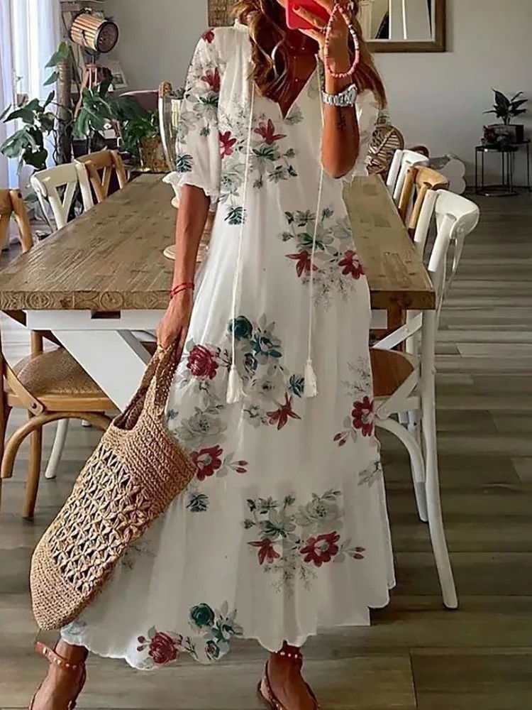 Miniatura: Women Elegant V Neck Print Long Dress Vintage Harajuku Half Sleeve Bohemian Max