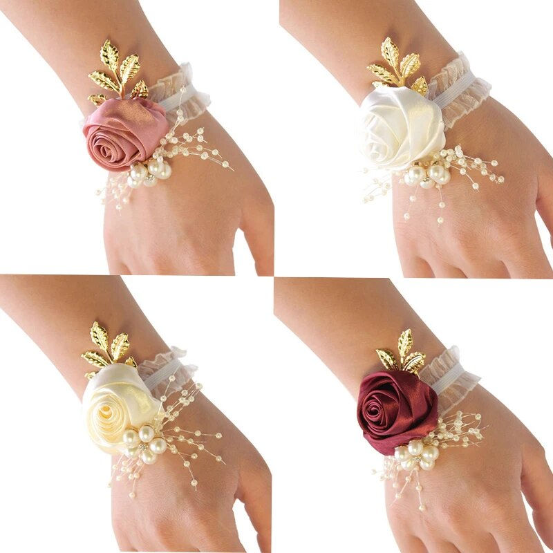 Miniatura: Girls Bridesmaid Wrist Flowers Wedding Prom Party Boutonniere Satin Rose Bracel