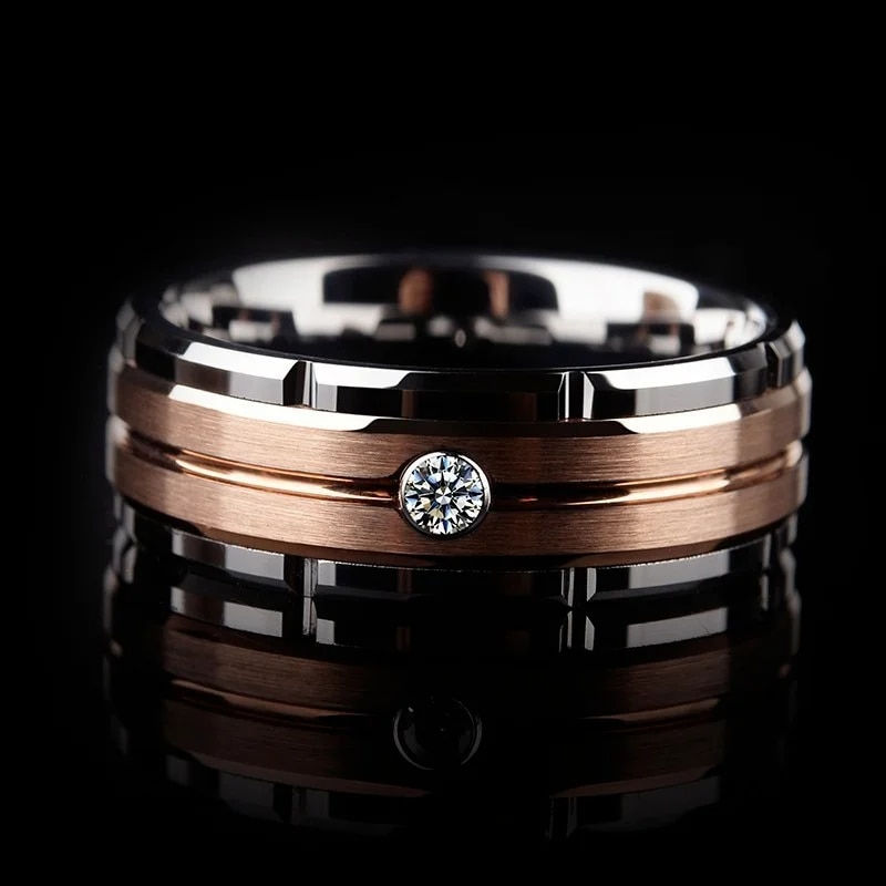 Miniature : 1pcs Luxury Women Ring Metal Hollow Carving Pattern Rose Gold Color Zircon Ston