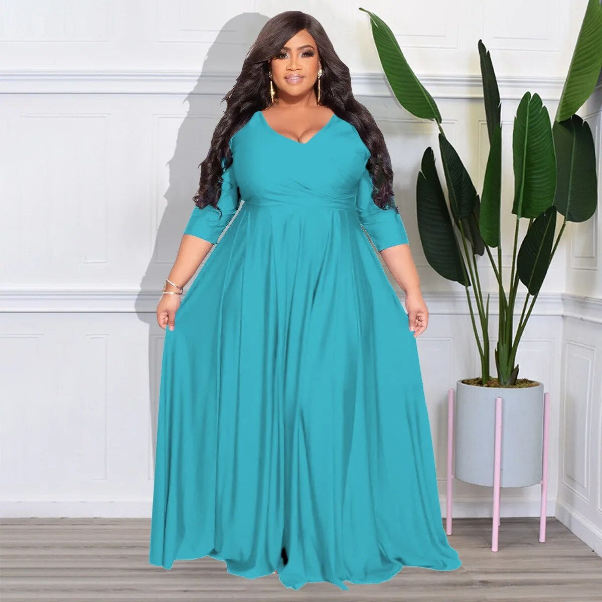 Plus Size Chic Party Women Clothing Elegant V Neck High Waist Draped Maxi Dress