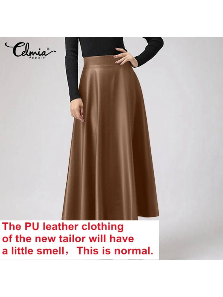 Sīktēls: Women Long Skirts Fashion Leather PU Skirt Celmia 2023 Solid Office Lady Midi S