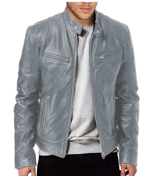 Thumbnail: Fashion Mens Leather Jacket Slim Fit Stand Collar PU Jacket Male Anti-wind Moto