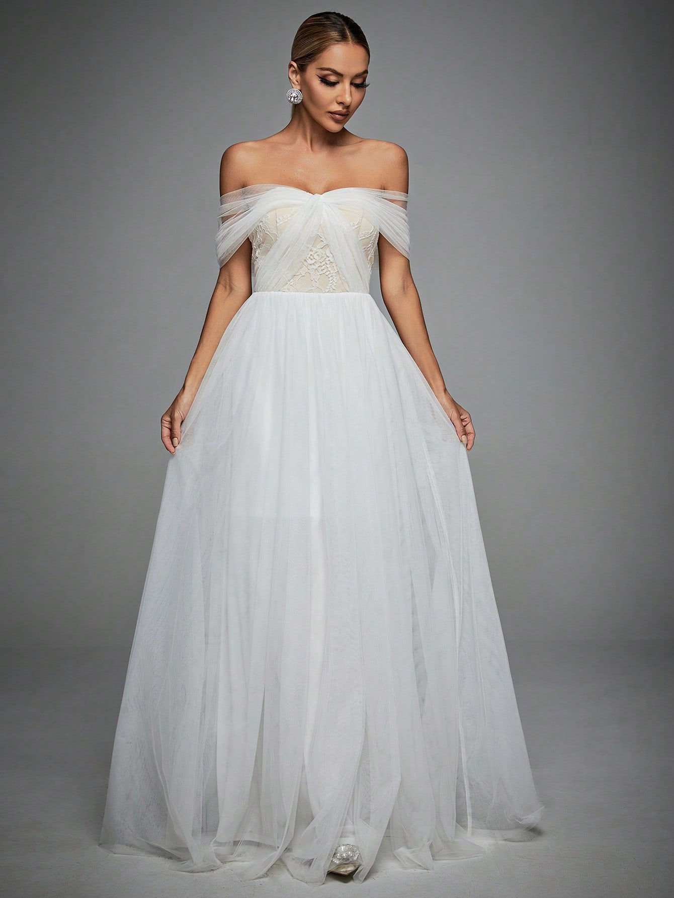 Off Shoulder Mesh Formal Dress