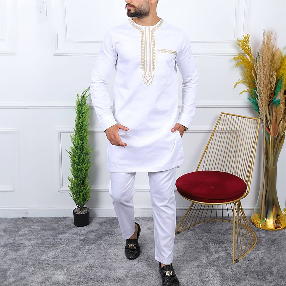 섬네일: New In Dashiki 2 PCs White Set Abaya Men's Clothing Top Pant Set Long Sleeve El