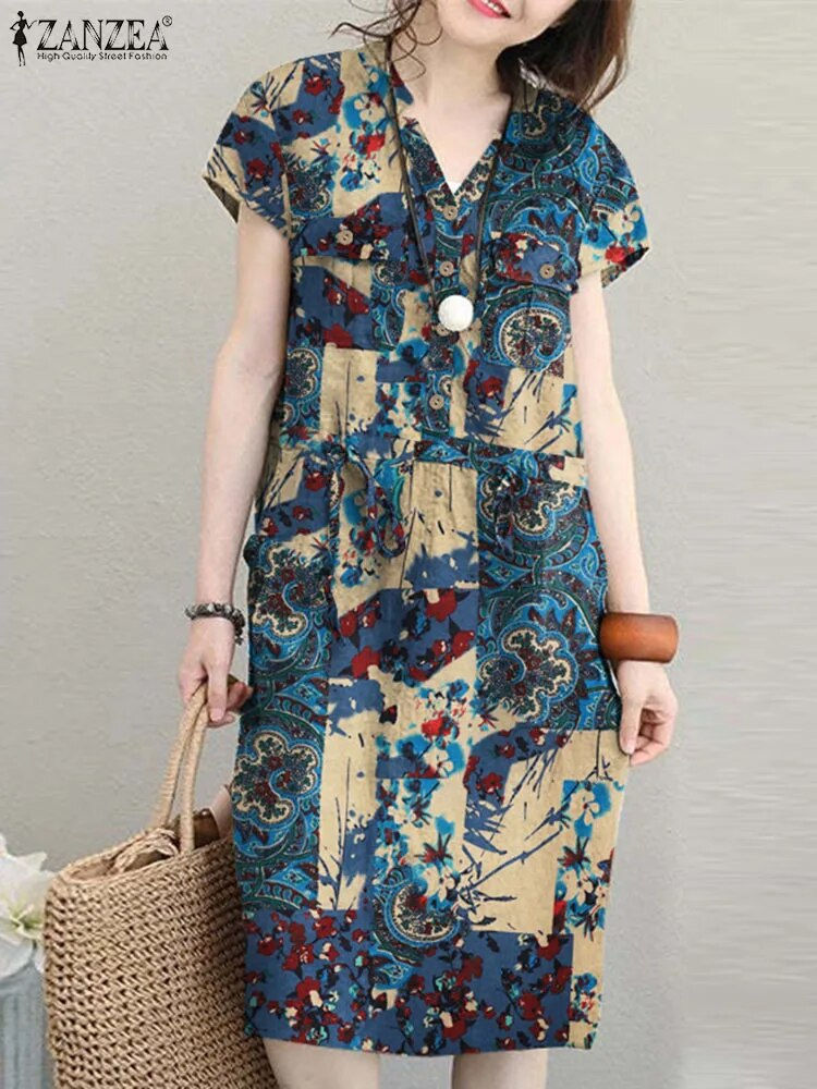 Thumbnail: ZANZEA Summer Short Sleeve Solid Knee-length Dress Fashion Women V Neck Casual