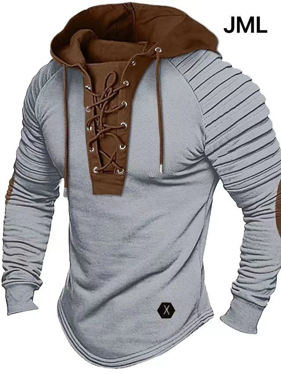 Thumbnail: Men's Solid Color Casual T-shirt Top, Long Sleeved Shirt, Slim Fit Pleated Hood