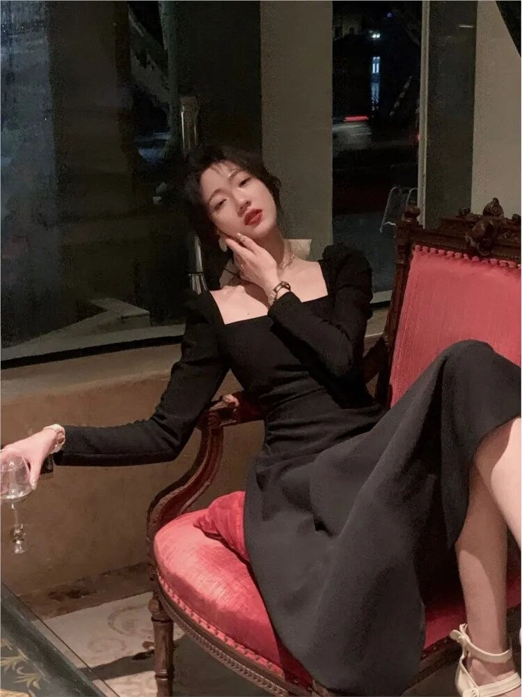 Miniatură: 2023 Spring New Elegant Square Collar Midi Party Dress  For Women Long Sleeve B