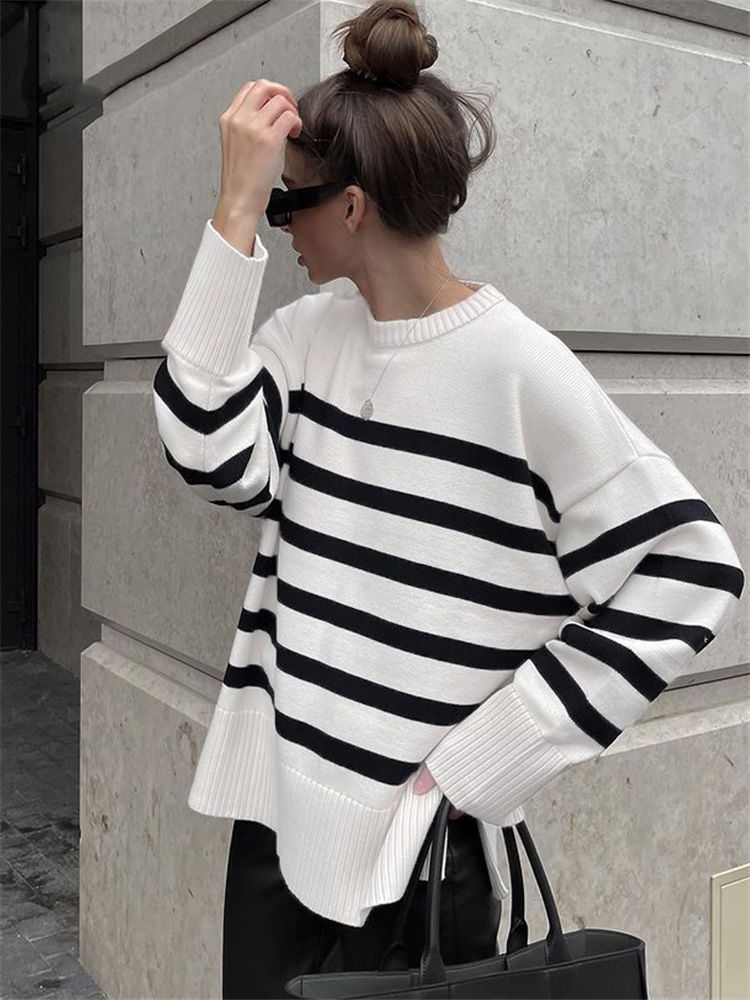 Women Stripe Knit Sweater Pullover Long Sleeve Knitted Tops O Neck Female Jumpe