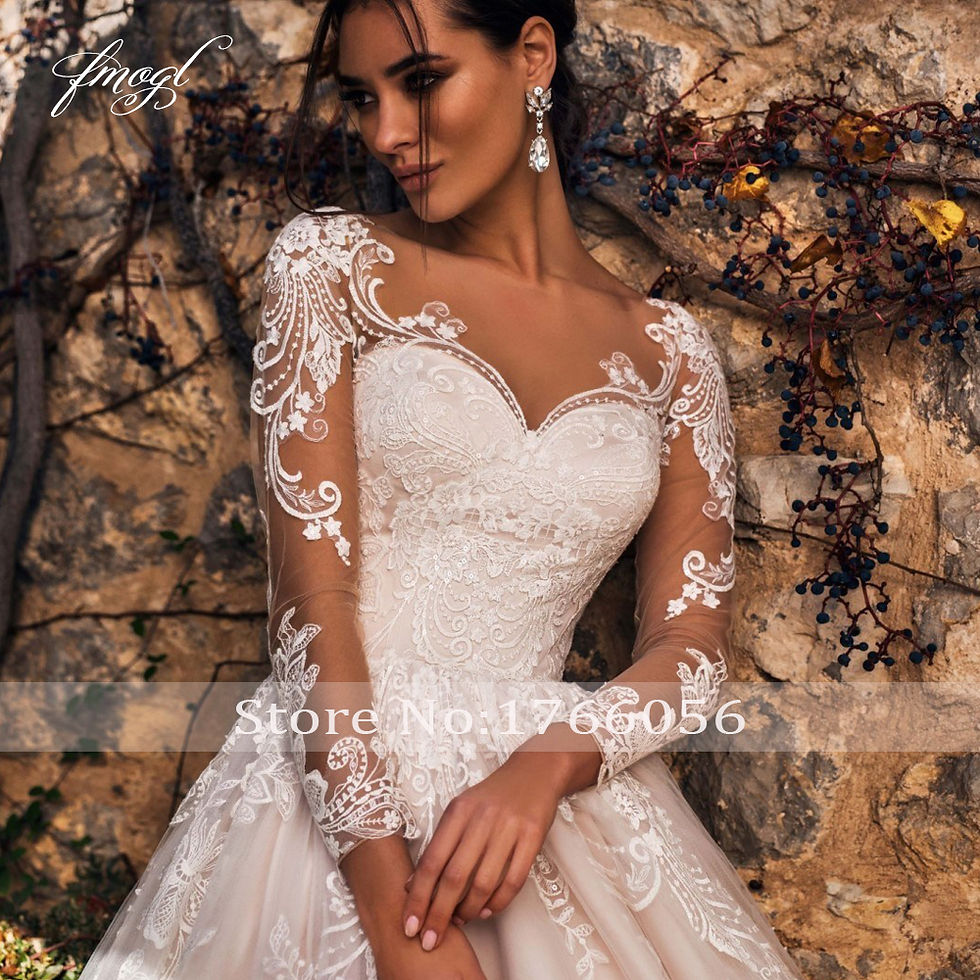 Thumbnail: Fmogl Sexy Illusion Long Sleeve Vintage Wedding Dresses 2022 Scoop Neck Appliqu