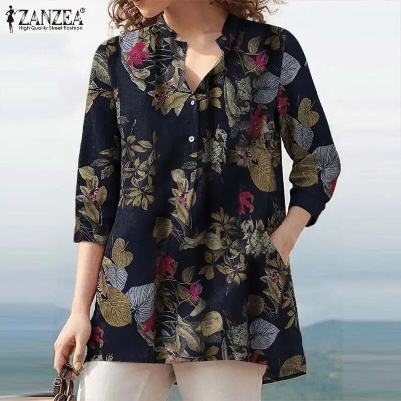 Miniatura: Floral  Printed Blouse Oversized Women Casual V Neck 3/4 Sleeve Shirt ZANZEA Re