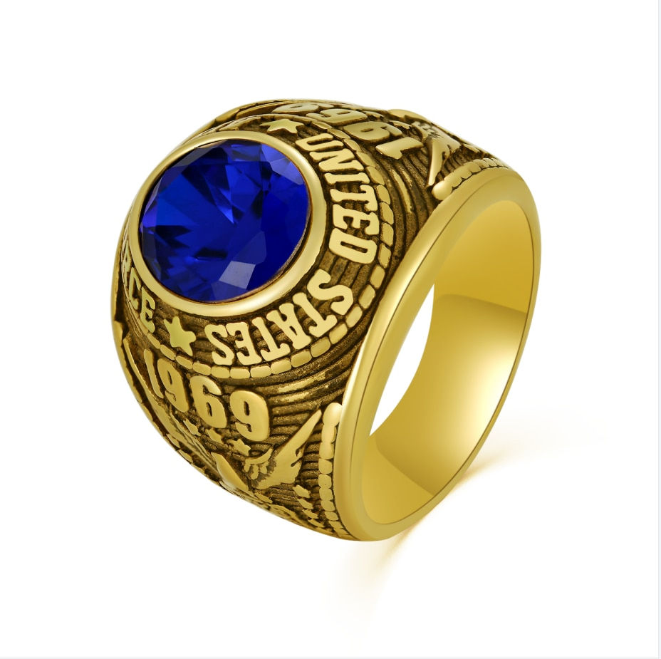 Thumbnail: Gold Color U.S. Air Force Army Engrave Ring For Men Stainless Steel Blue Gem Vi