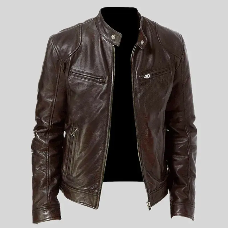 Miniatyrbilde: 2024 Spring Mens Fashion Leather Jacket Slim Fit Stand Collar PU Jacket Male An