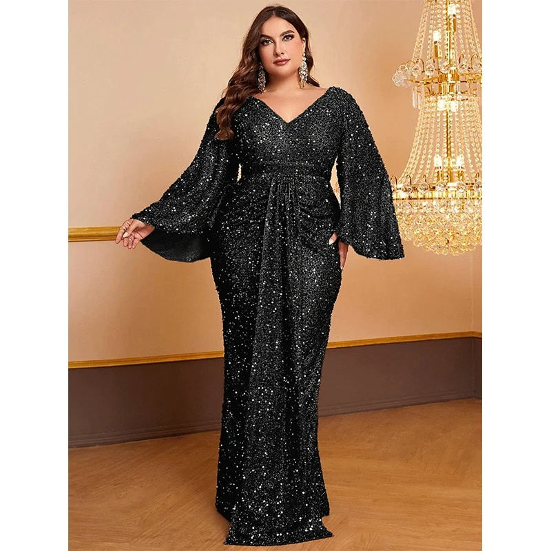 Thumbnail: Plus Size Women's Long Sequin Dress, Plus Size, V Neck, Apricot, Shiny, Loose,