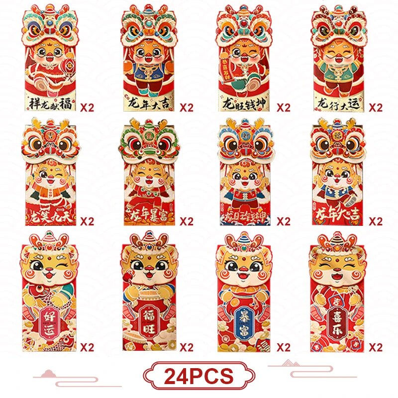 サムネイル： 12-36pcs Red Envelope Chinese New Year Dragon Red Packets Spring Festival Luck