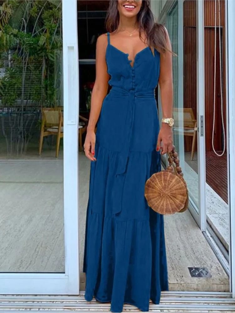 Miniaturbild: Womens Summer Spaghetti Strap Long Dress Bohemian Style Sleeveless V-neck Elega