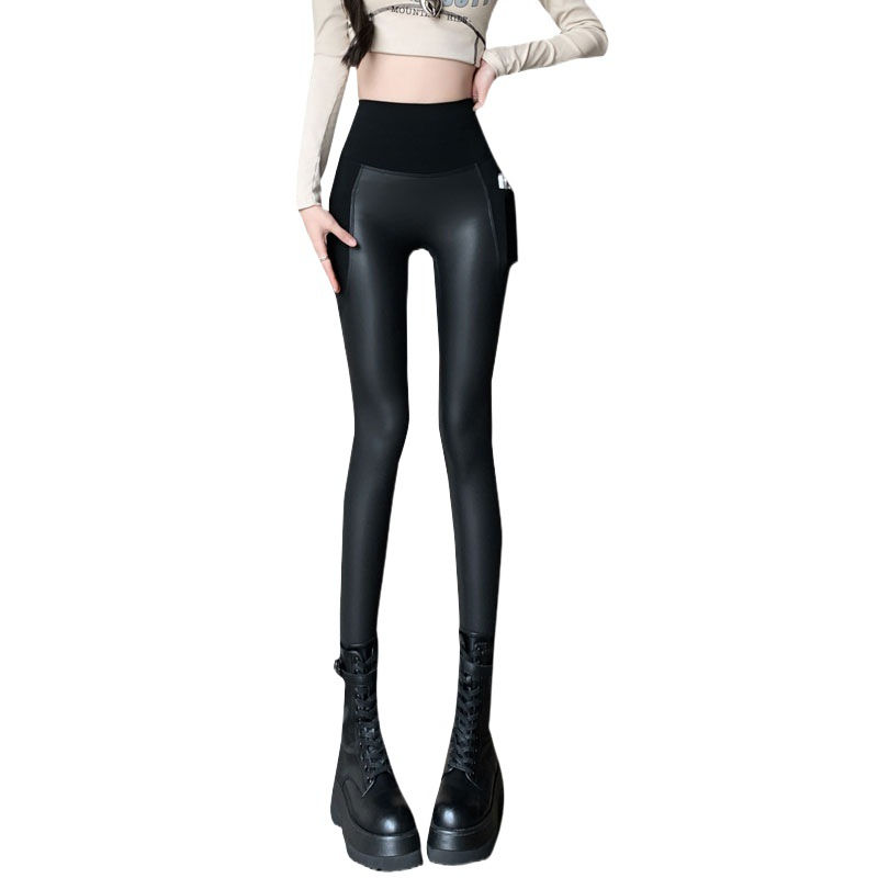 Thumbnail: Women's PU Leather Velvet Padded Leggings High Waist