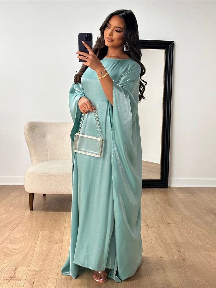 Thumbnail: Batwing Butterfly Sleeve Satin Khimar Abaya Dubai Muslim Maxi Dress Kaftan Abay