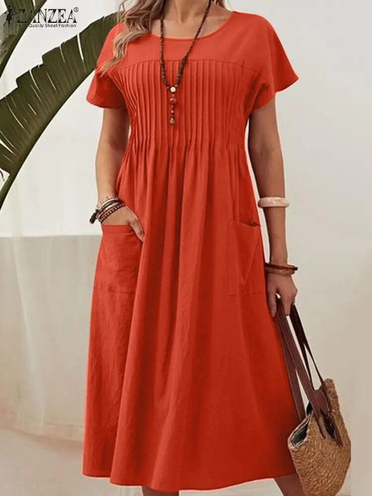 Thumbnail: Elegant Women O Neck Short Sleeve Solid Mid-calf Dress ZANZEA Summer Sundress F