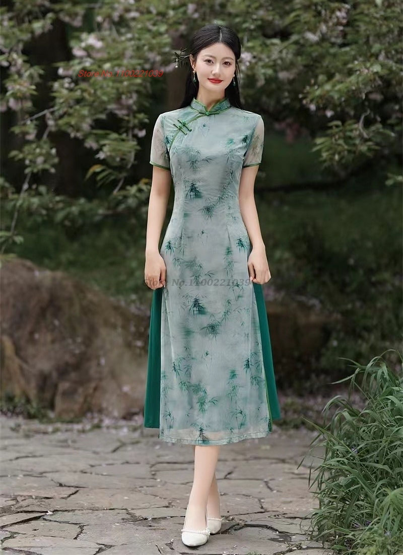 Miniatura: 2024 chinese improved qipao national flower print vietnam ao dai dress traditio