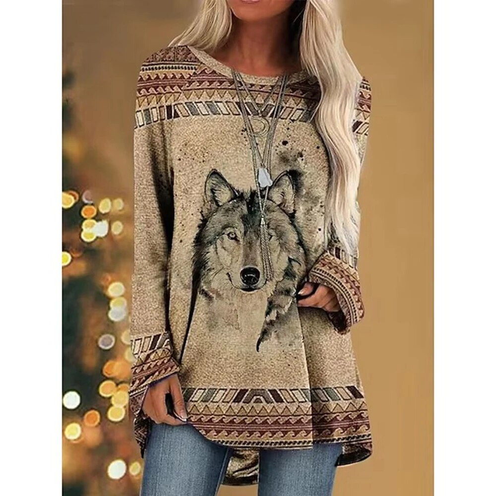 Women's T Shirt Wolf 3d Print T-shirt Women Fashion Animal T-shirts Casual Long