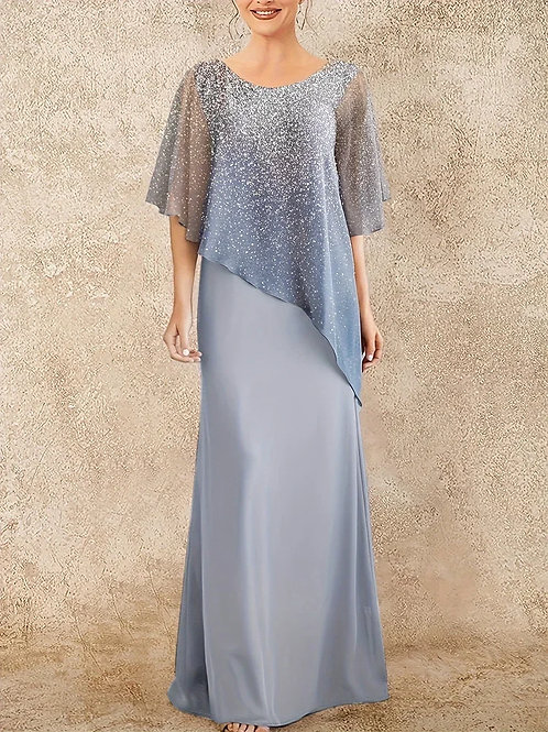 Plus Size Chiffon Mother of the Bride Dresses Dusty Blue Ombre Sparkly Print  L