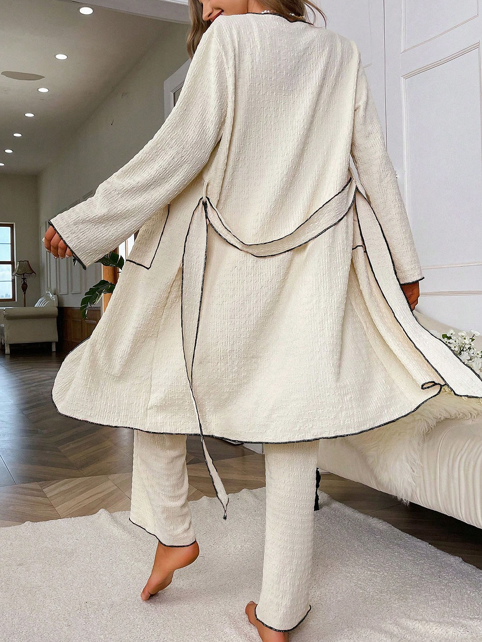 Thumbnail: Contrast Binding Belted Robe & Cami Top & Pants Lounge Set