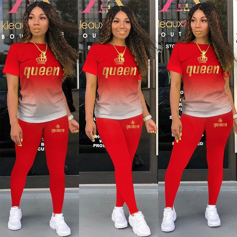 תמונה ממוזערת: Summer Two Piece Outfits For Yoga Fitness Athletic Sets Printed Gradient T Shir