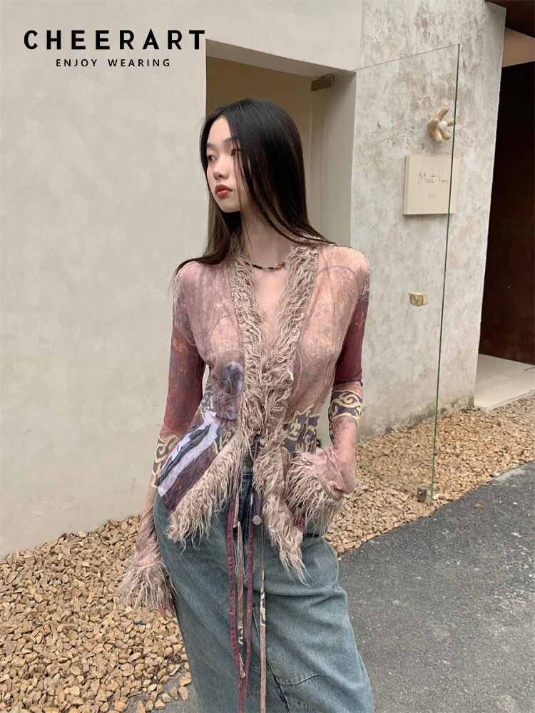 CHEERART 2024 Spring Fur Collar Cardigans Coats Jackets Clothes Women Mesh Ethn