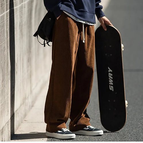 Men's Casual Pants Loose Straight Corduroy Pants Elastic Waist Sweatpants Fashi