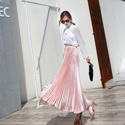 Miniatiūra: 2023 Vintage Silver black skirt  metal solid flared  Maxi Skirt Beach Long Plea