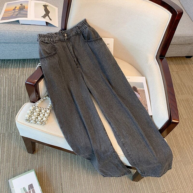 Küçük resim: Plus-size women's Spring simple commuter jeans Black blue straight casual pants
