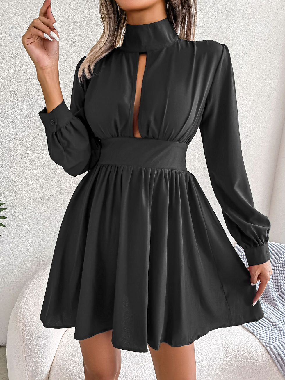 Miniature : 2023 Women Autumn Casual Hollow Out Long Sleeve A Line Dress Black Red White