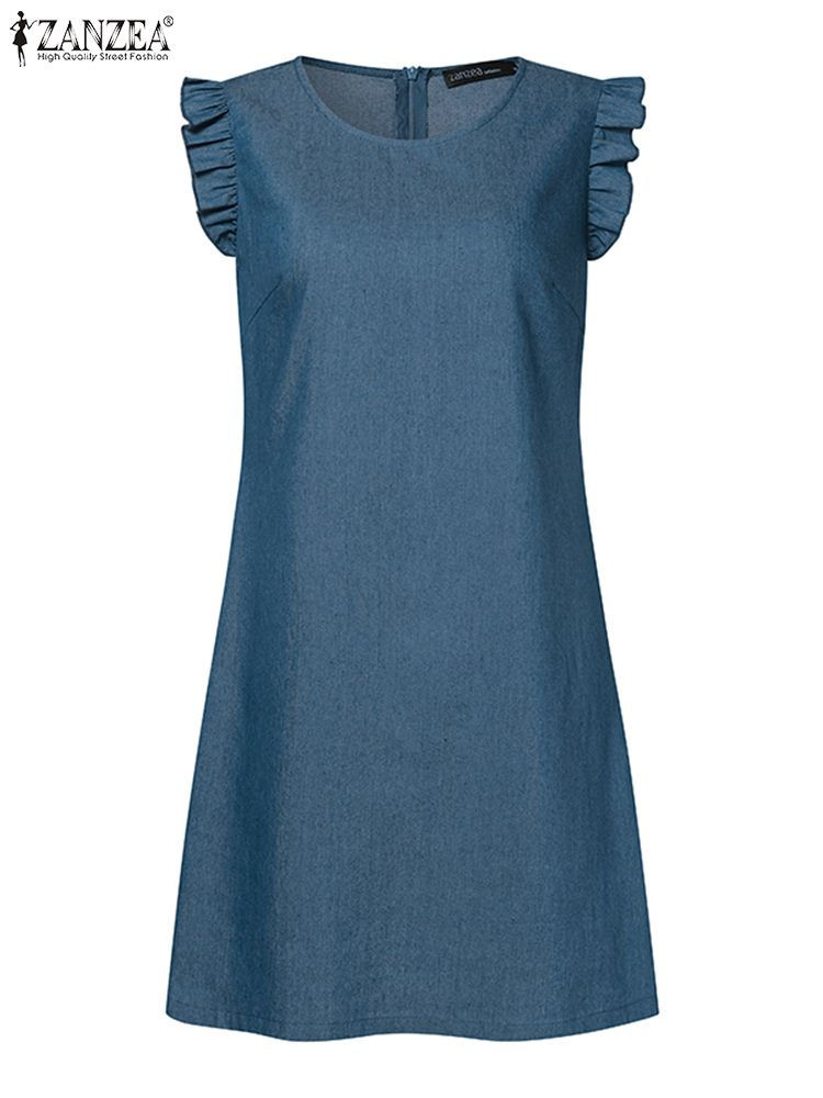 Thumbnail: ZANZEA Women Summer Denim Style Dress Fashion O Neck Sleeveless Mini Sundress C