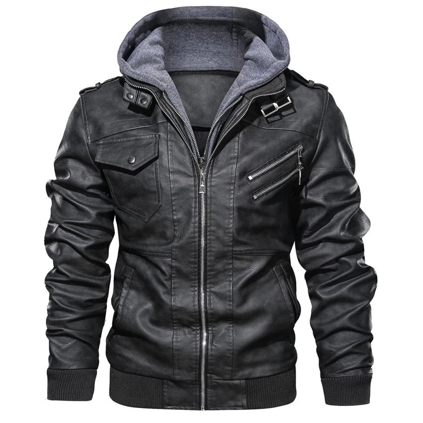 ภาพขนาดย่อ: Crocodile brand Hood Mens Leather Jacket Motorcycle Winter Fleece Warm Biker Vi