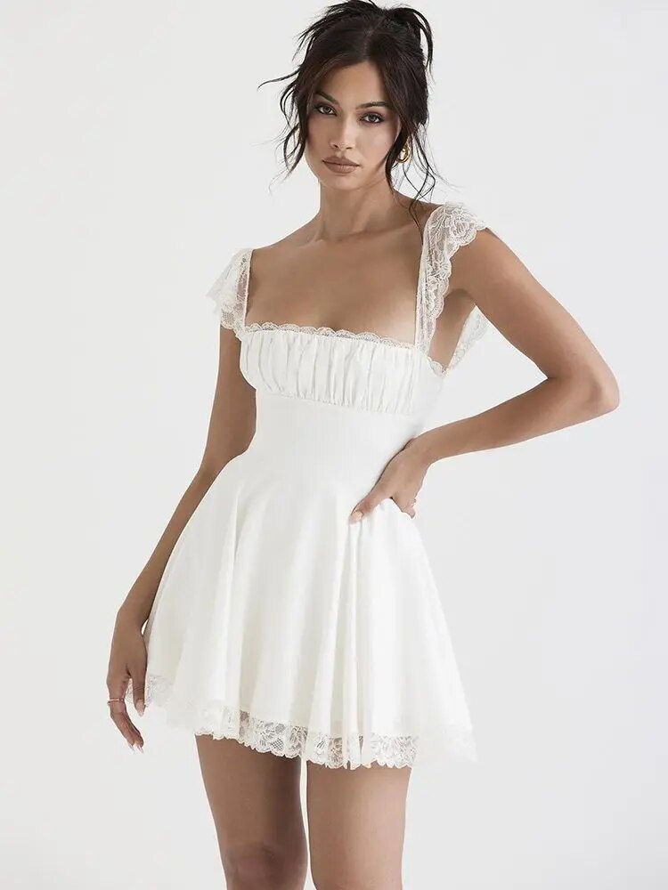 Thumbnail: 2023 Summer Elegant White Lace Strap Mini Dress For Women Fashion Sleeveless Ba