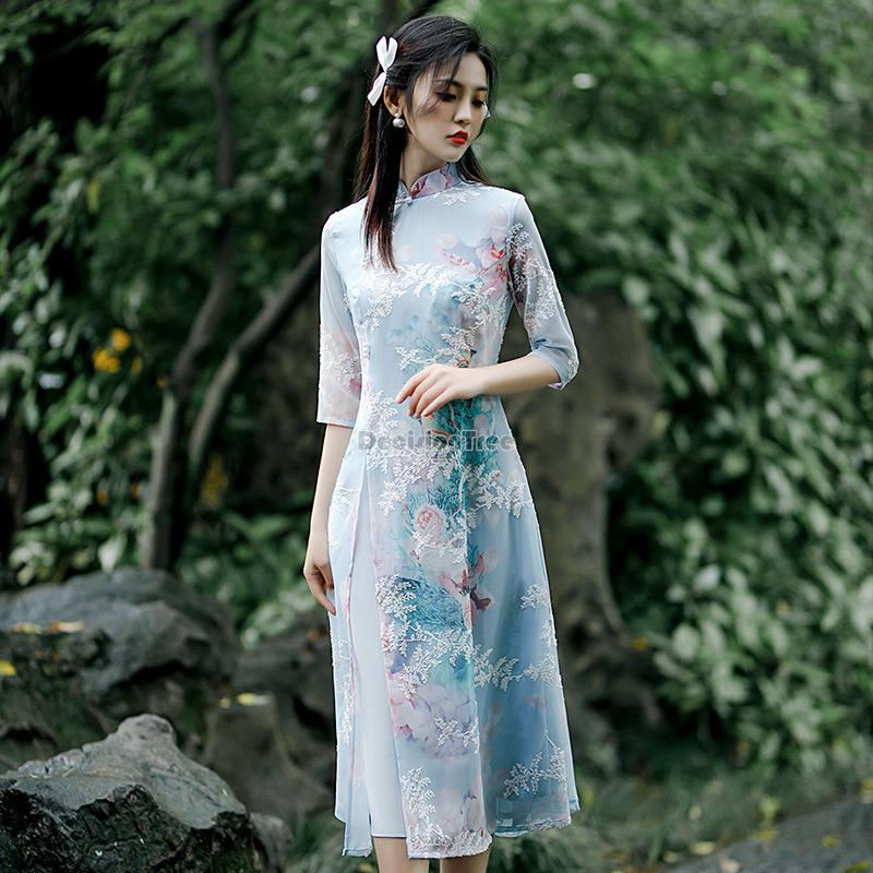 Miniatura: Summer chiffon ao dai elegant dress qipao oriental printing dress qipao vietnam