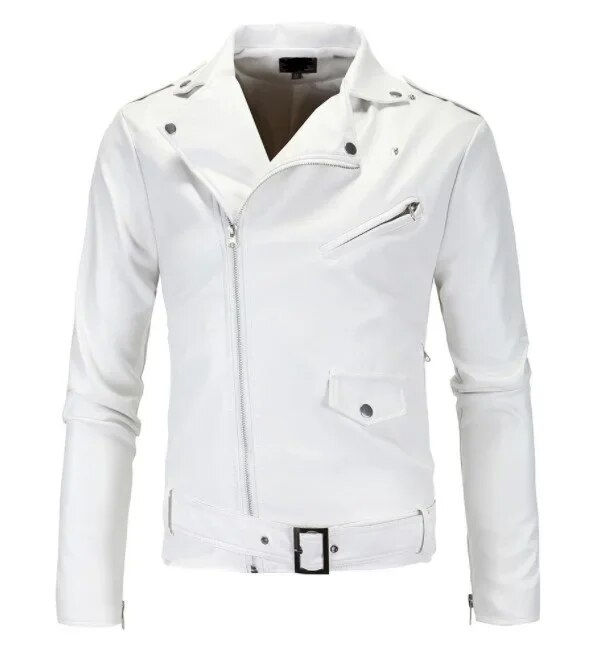 Thumbnail: Mens Leather Jackets 2023 New White Black Casual Lapel Slim Fit Diagonal Zipper