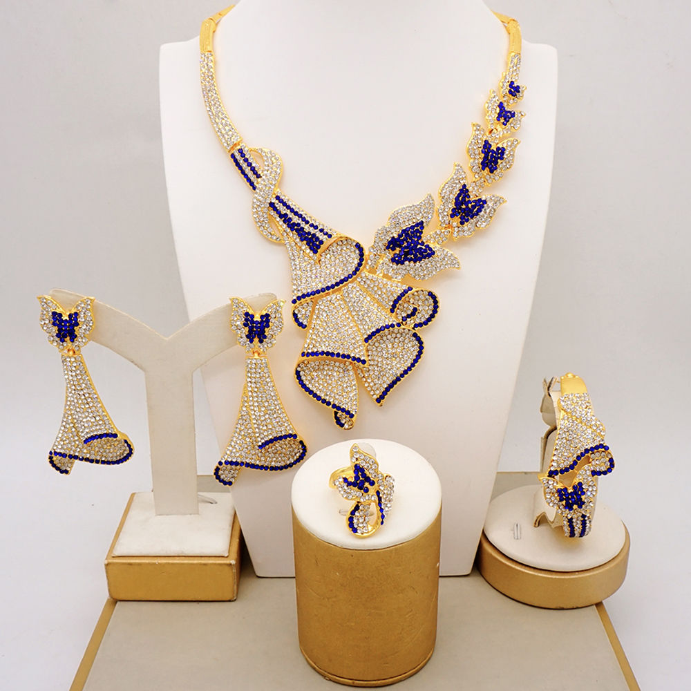 Latest Italian Dubai Gold Color Ladies Full Crystal Necklace Jewelry Set Simple