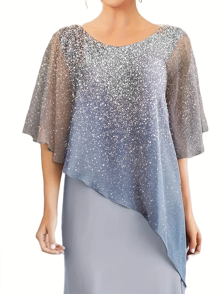 Thumbnail: Plus Size Chiffon Mother of the Bride Dresses Dusty Blue Ombre Sparkly Print Lo
