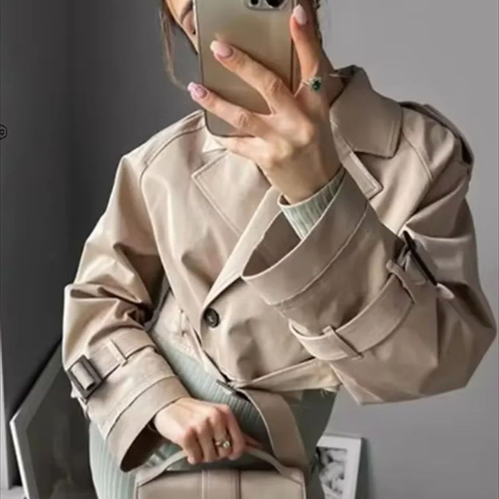 Thumbnail: Women Fashion Belt Cropped Coat Long Sleeve Turn Down Collar Short Jacket Vinta