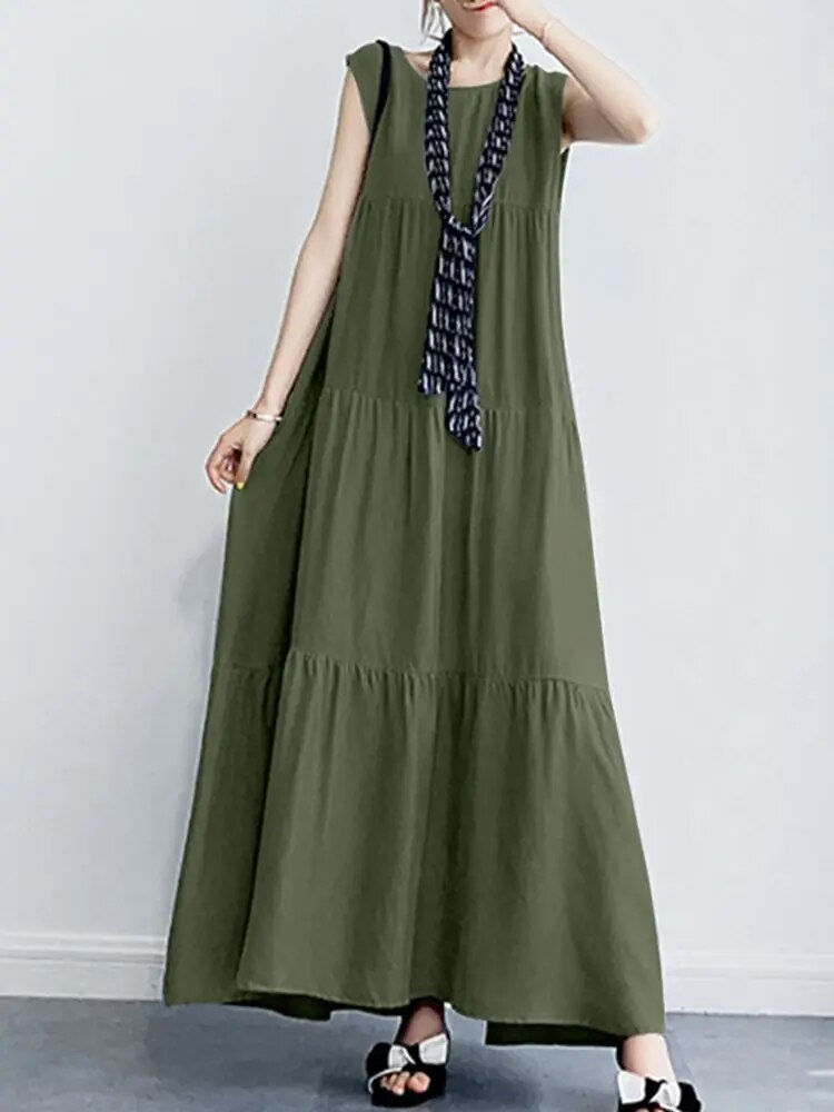 थंबनेल: Women Summer Maxi Long Dress Elegant O Neck Sleeveless Sundress ZANZEA Stylish