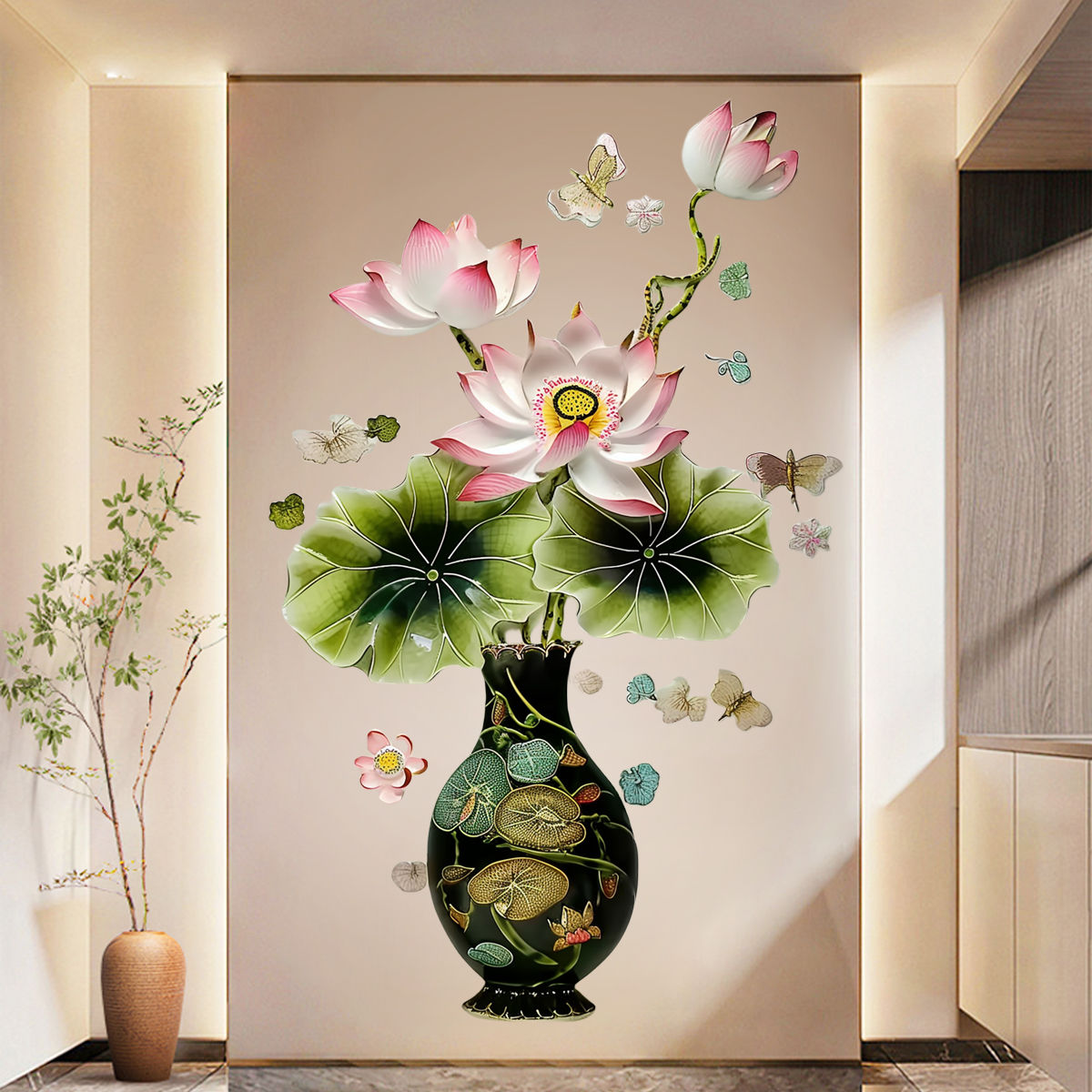 1pc Retro Large Vase Wall Sticker with Chinese Style Elegant Lotus Black Large
