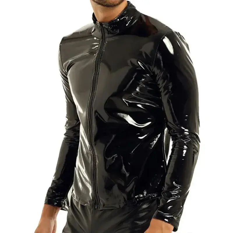Men's Black Shiny Faux Latex Long Sleeve Leather Top Coat Male Glossy PVC Stand