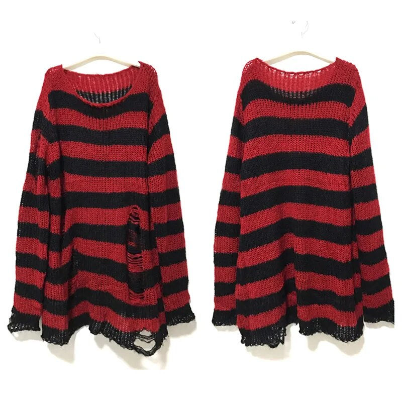 Thumbnail: New Punk Gothic Long Unisex Sweater Summer Women Striped Cool Hollow Out Hole B