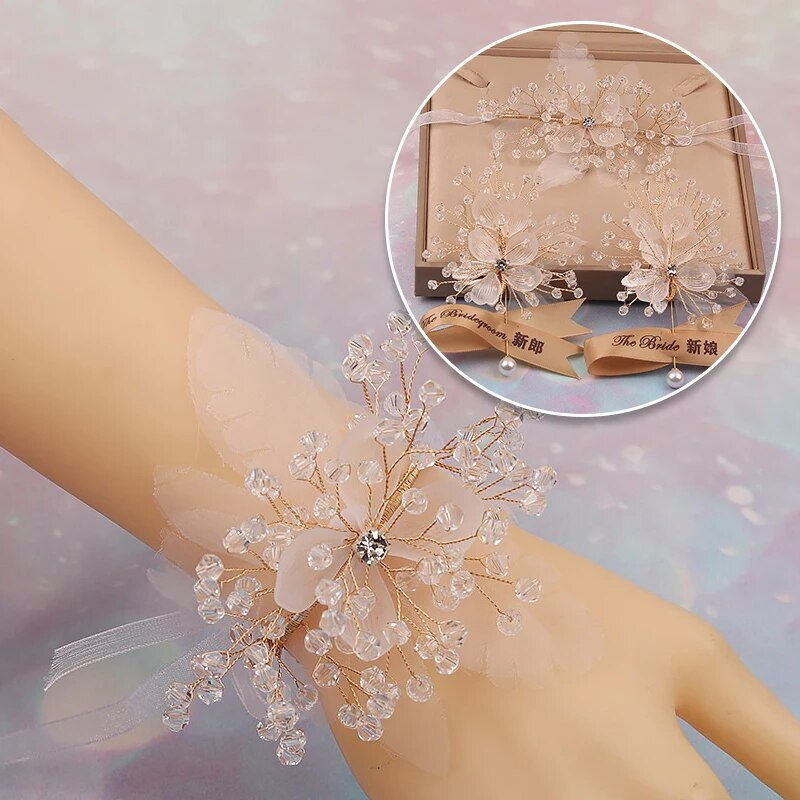 Miniature : Bridal Wrist Corsage Crystal Flower Wedding Hand Flower Bracelet For Bridesmaid