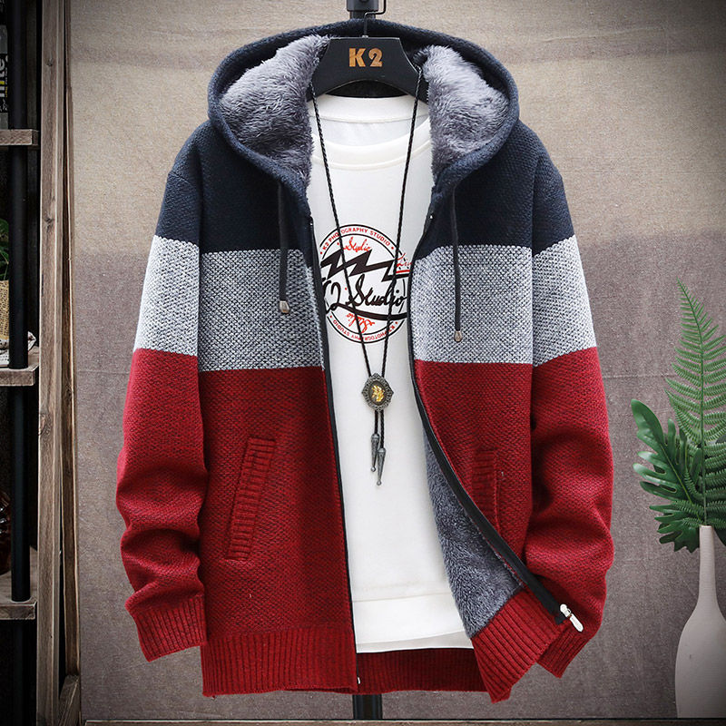 Thumbnail: Autumn Winter Cardigan Sweater Men Fleece Zipper Sweaters Velvet Contrast Strip