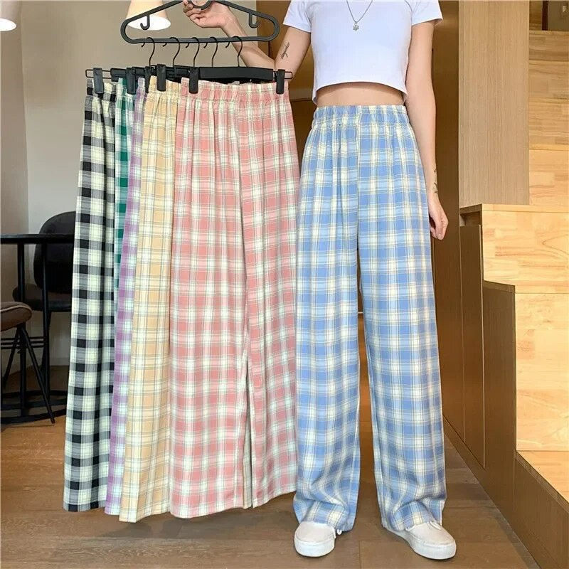 Miniatura: Vintage Plaid Women Pants High Waist Wide Leg Straight Pant Loose Casual Female