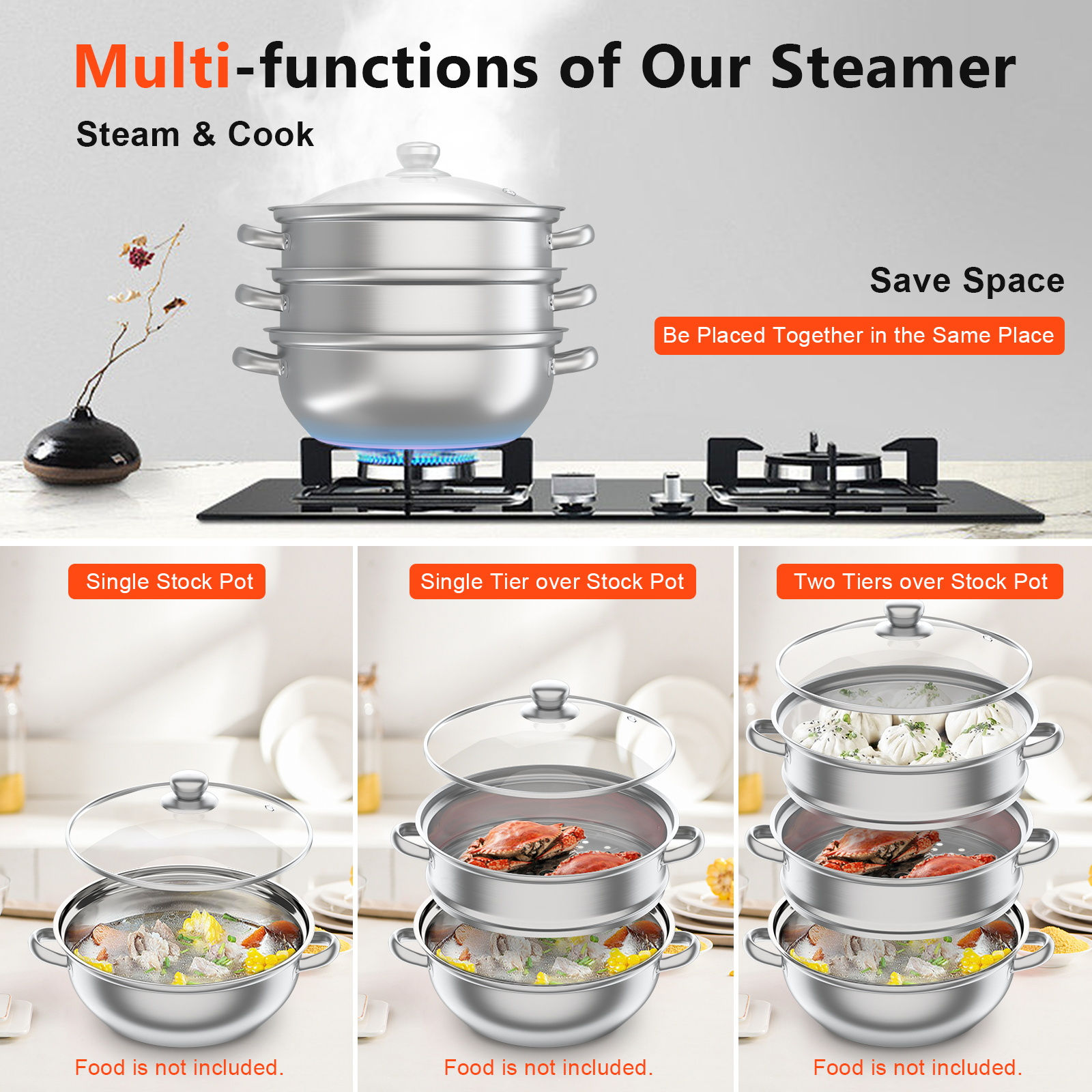 Stainless Steel 3 Pot Tiers Steamer 28CM Steam Cooker Pot for Gas Stoves