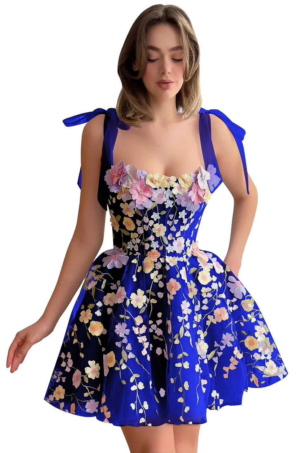Thumbnail: Spaghetti Straps 3D Flowers Mini Homecoming Dresses Lovely Tulle Square Collar 
