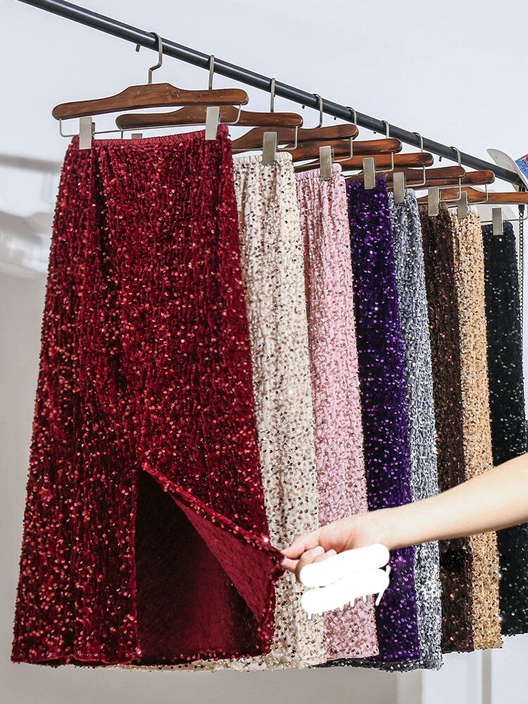 Thumbnail: Korean Fashion Midi Skirt Woman High Waist Side Slit Sequined Party Pencil Skir